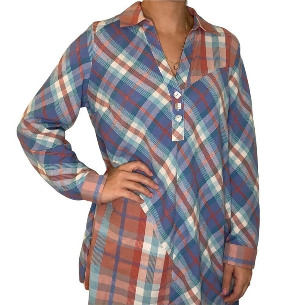 Soft Surroundings La Pass Blue Red Plaid Button Collar Tunic Top Long Sleeve